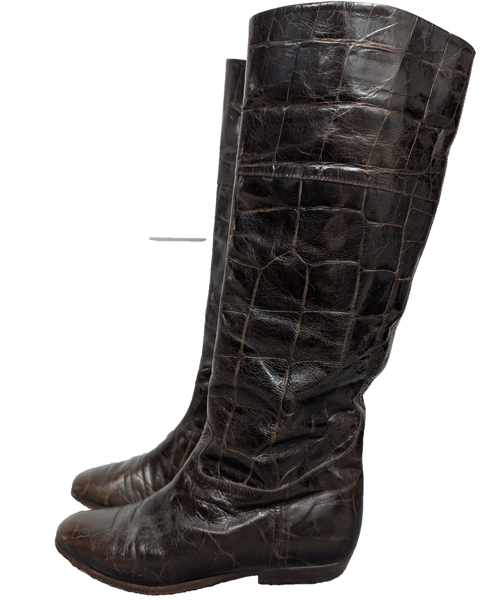 Baldinini Boots Womens EU 37.5 US 7 Croc Leather Brown Italy Quiet Luxury Staple